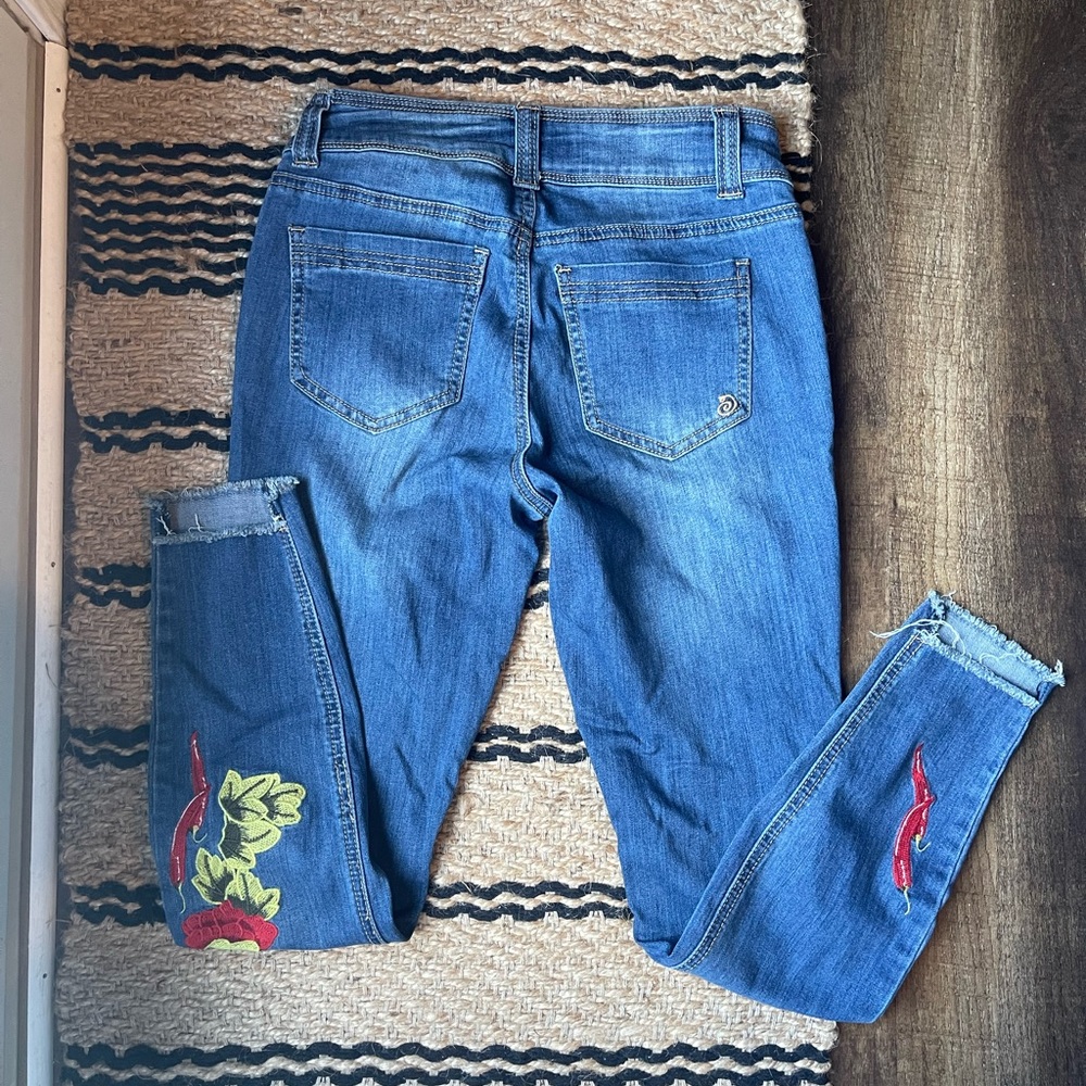 Indigo Rein Blue Skinny Jeans with Red & Green Floral Embroidery - Picture 5 of 6